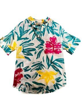 Vintage Pykettes Womens V Neck 1/4 Button Shirt Short Sleeve Sz S Multi Tropical